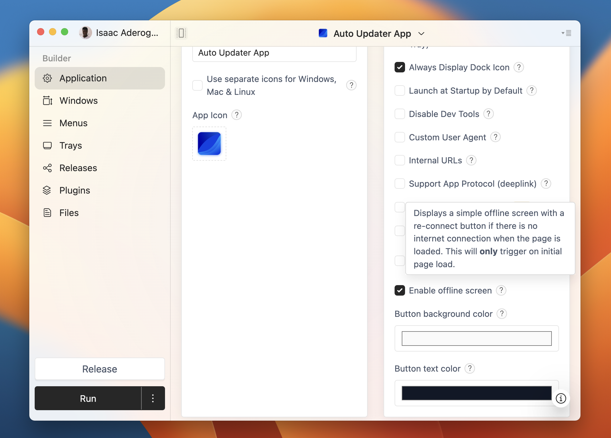 User interface checkbox for enabling an offline screen