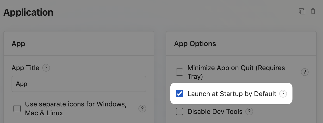 App Options panel for toggling Launch at Startup by Default