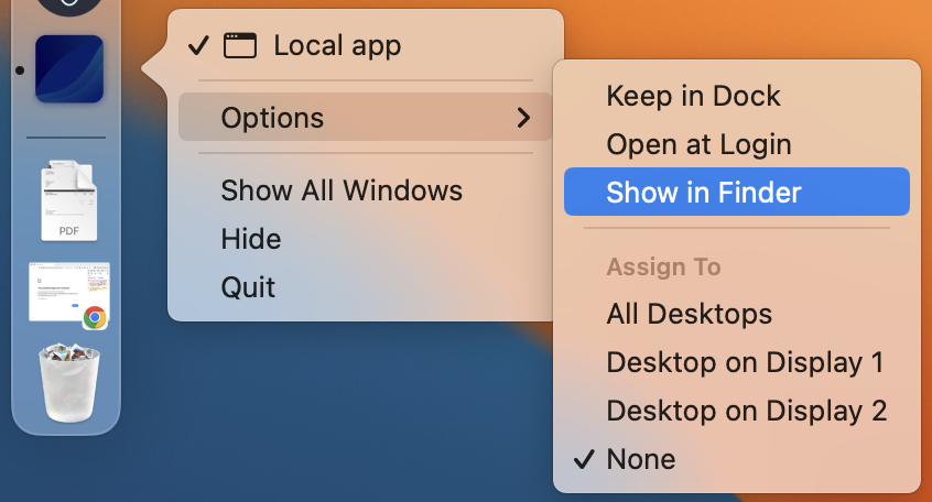 Dropdown menu showing the show in finder menu option